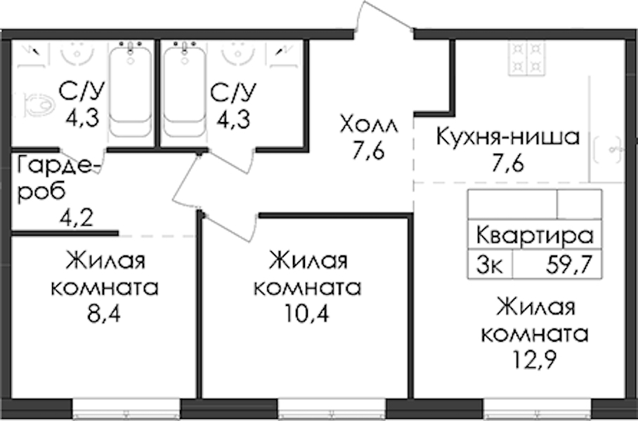 2-комнатная квартира 59.7 м², 1/9 эт., ЖК «Лермонтовский 54»